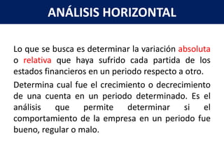 ANÁLISIS HORIZONTAL

Lo que se busca es determinar la variación absoluta
o relativa que haya sufrido cada partida de los
estados financieros en un periodo respecto a otro.
Determina cual fue el crecimiento o decrecimiento
de una cuenta en un periodo determinado. Es el
análisis   que permite determinar           si el
comportamiento de la empresa en un periodo fue
bueno, regular o malo.
 