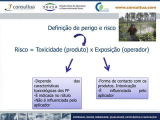 Definição de perigo e risco
Risco = Toxicidade (produto) x Exposição (operador)
-Depende das
características
toxicológicas dos PF
-É indicada no rótulo
-Não é influenciada pelo
aplicador
-Forma de contacto com os
produtos. Intoxicação
-É influenciada pelo
aplicador
 