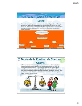 18/6/21
11
Teoría de Fijación de metas de
Locke
— Una meta es aquello que una persona se esfuerza por lograr. Locke afirma que
la intención de alcanzar una meta es una fuente básica de motivación. Las
metas son importantes en cualquier actividad, ya que motivan y guían nuestros
actos y nos impulsan a dar el mejor rendimiento. Las metas pueden tener
varias funciones
Teoría de la Equidad de Stancey
Adams.
— Afirma que los individuos comparan sus recompensas y el producto de su
trabajo con los demás, y evalúan si son justas, reaccionando con el fin de
eliminar cualquier injusticia. Cuando existe un estado de inequidad que
consideramos injusto, buscamos la equidad. Si estamos recibiendo lo mismo
que los demás nos sentimos satisfechos y motivados para seguir adelante, de lo
contrario nos desmotivamos, o en ocasiones aumentamos el esfuerzo para
lograr lo mismo que los demás.
 