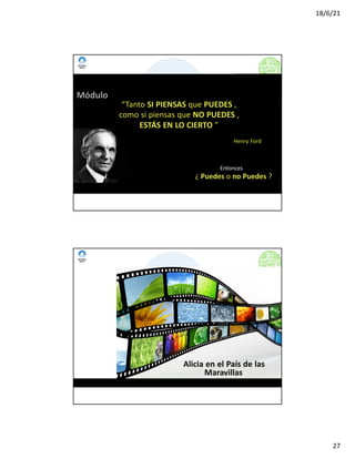 18/6/21
27
CURSO-TALLER: NEGOCIACIÓN Y VENTAS
Módulo
“Tanto SI PIENSAS que PUEDES ,
como si piensas que NO PUEDES ,
ESTÁS EN LO CIERTO ”
Henry Ford
Entonces
¿ Puedes o no Puedes ?
www.imposible.com.mx
CURSO-TALLER: NEGOCIACIÓN Y VENTAS
Alicia en el País de las
Maravillas
www.imposible.com.mx
 
