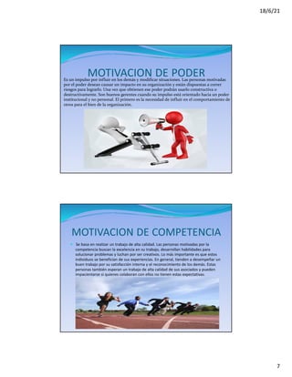 18/6/21
7
MOTIVACION DE PODER
Es un impulso por influir en los demás y modificar situaciones. Las personas motivadas
por el poder desean causar un impacto en su organización y están dispuestas a correr
riesgos para lograrlo. Una vez que obtienen ese poder podrán usarlo constructiva o
destructivamente. Son buenos gerentes cuando su impulso está orientado hacia un poder
institucional y no personal. El primero es la necesidad de influir en el comportamiento de
otros para el bien de la organización.
MOTIVACION DE COMPETENCIA
— Se basa en realizar un trabajo de alta calidad. Las personas motivadas por la
competencia buscan la excelencia en su trabajo, desarrollan habilidades para
solucionar problemas y luchan por ser creativos. Lo más importante es que estos
individuos se benefician de sus experiencias. En general, tienden a desempeñar un
buen trabajo por su satisfacción interna y el reconocimiento de los demás. Estas
personas también esperan un trabajo de alta calidad de sus asociados y pueden
impacientarse si quienes colaboran con ellos no tienen estas expectativas.
 