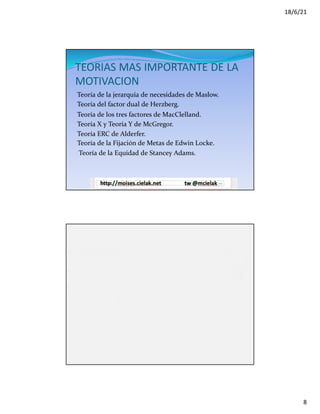 18/6/21
8
TEORIAS MAS IMPORTANTE DE LA
MOTIVACION
Teoría de la jerarquía de necesidades de Maslow.
Teoría del factor dual de Herzberg.
Teoría de los tres factores de MacClelland.
Teoría X y Teoría Y de McGregor.
Teoría ERC de Alderfer.
Teoría de la Fijación de Metas de Edwin Locke.
Teoría de la Equidad de Stancey Adams.
Maslow
— Es quizás la teoría más clásica y conocida popularmente. Este autor identificó
cinco niveles distintos de necesidades, dispuestos en una estructura piramidal,
en las que las necesidades básicas se encuentran debajo, y las superiores o
racionales arriba. (Fisiológicas, seguridad, sociales, estima, autorrealización).
 