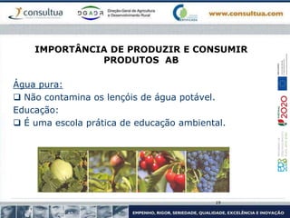 IMPORTÂNCIA DE PRODUZIR E CONSUMIR
PRODUTOS AB
Água pura:
 Não contamina os lençóis de água potável.
Educação:
 É uma escola prática de educação ambiental.
19
 