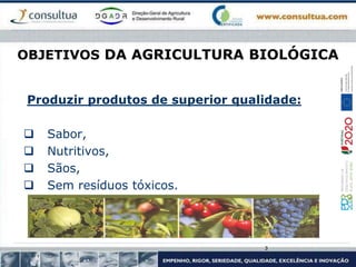 OBJETIVOS DA AGRICULTURA BIOLÓGICA
Produzir produtos de superior qualidade:
 Sabor,
 Nutritivos,
 Sãos,
 Sem resíduos tóxicos.
3
 