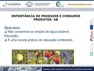 IMPORTÂNCIA DE PRODUZIR E CONSUMIR
PRODUTOS AB
Água pura:
 Não contamina os lençóis de água potável.
Educação:
 É uma escola prática de educação ambiental.
19
 