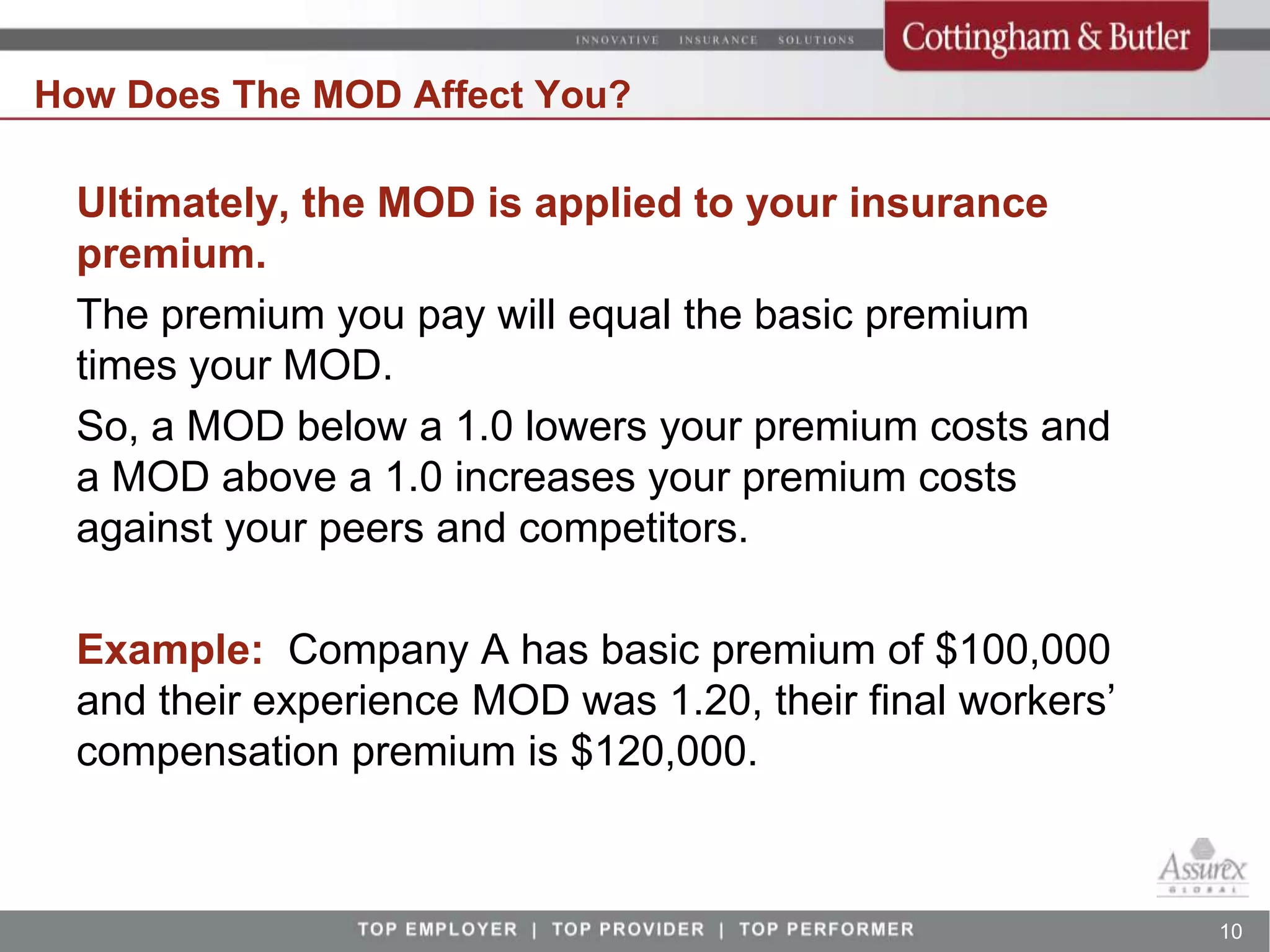 How Does The MOD Affect You?

 Ultimately, the MOD is applied to your insurance
 premium.
 The premium you pay will equal the basic premium
 times your MOD.
 So, a MOD below a 1.0 lowers your premium costs and
 a MOD above a 1.0 increases your premium costs
 against your peers and competitors.

 Example: Company A has basic premium of $100,000
 and their experience MOD was 1.20, their final workers’
 compensation premium is $120,000.



                                                           10
 
