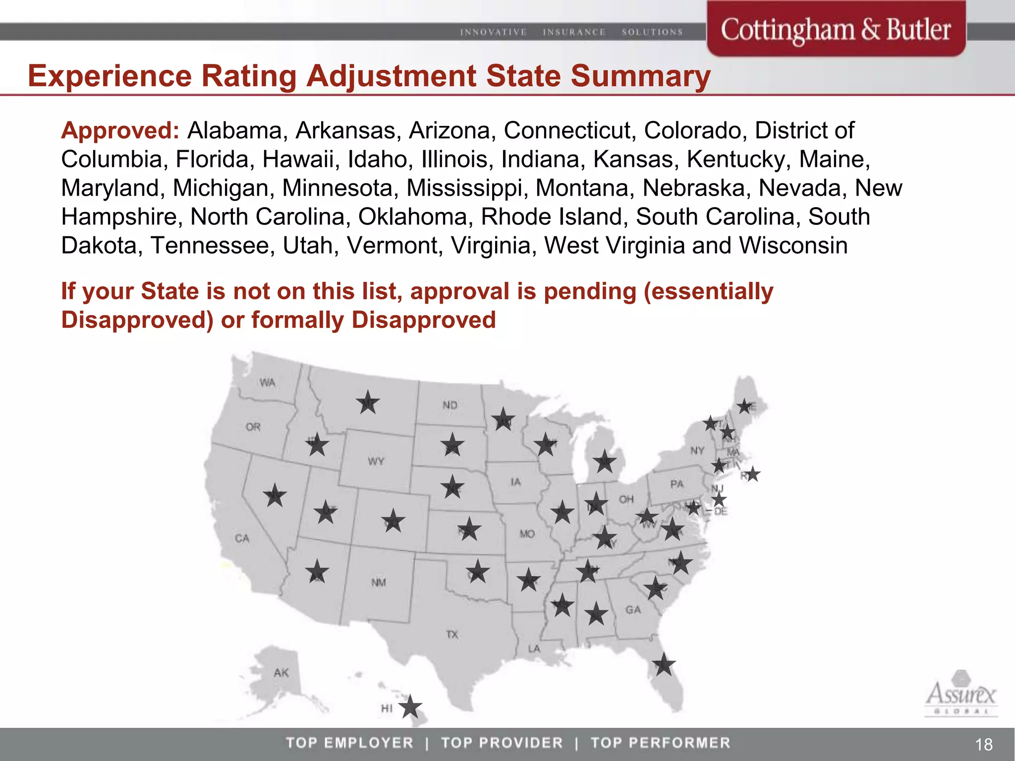 Experience Rating Adjustment State Summary
  Approved: Alabama, Arkansas, Arizona, Connecticut, Colorado, District of
  Columbia, Florida, Hawaii, Idaho, Illinois, Indiana, Kansas, Kentucky, Maine,
  Maryland, Michigan, Minnesota, Mississippi, Montana, Nebraska, Nevada, New
  Hampshire, North Carolina, Oklahoma, Rhode Island, South Carolina, South
  Dakota, Tennessee, Utah, Vermont, Virginia, West Virginia and Wisconsin
  If your State is not on this list, approval is pending (essentially
  Disapproved) or formally Disapproved




                                                                                  18
 