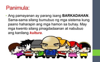 Panimula:
• Ang pamayanan ay parang isang BARKADAHAN.
Sama-sama silang bumubuo ng mga sistema kung
paano haharapin ang mga hamon sa buhay. May
mga kwento silang pinagdadaanan at nabubuo
ang kanilang kultura.
 