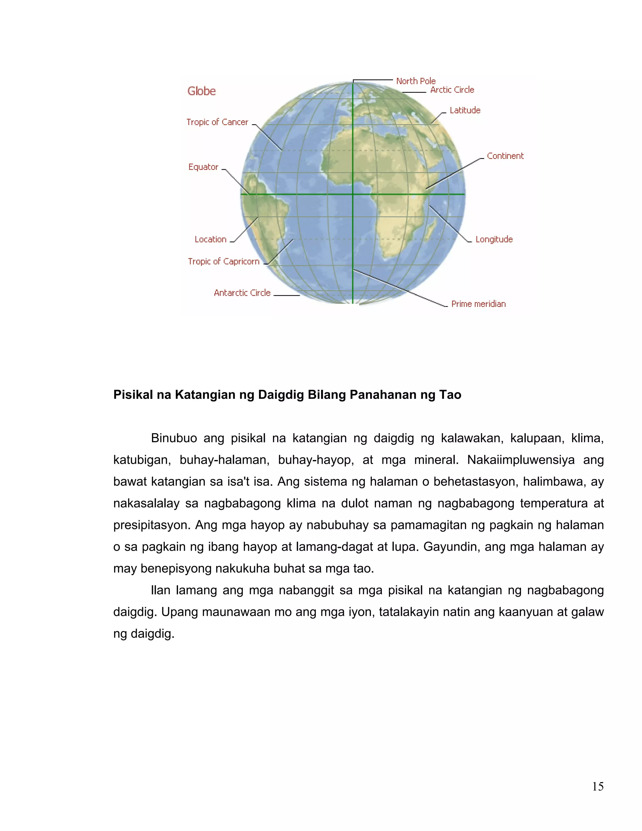 15
Pisikal na Katangian ng Daigdig Bilang Panahanan ng Tao
Binubuo ang pisikal na katangian ng daigdig ng kalawakan, kalupaan, klima,
katubigan, buhay-halaman, buhay-hayop, at mga mineral. Nakaiimpluwensiya ang
bawat katangian sa isa't isa. Ang sistema ng halaman o behetastasyon, halimbawa, ay
nakasalalay sa nagbabagong klima na dulot naman ng nagbabagong temperatura at
presipitasyon. Ang mga hayop ay nabubuhay sa pamamagitan ng pagkain ng halaman
o sa pagkain ng ibang hayop at lamang-dagat at lupa. Gayundin, ang mga halaman ay
may benepisyong nakukuha buhat sa mga tao.
llan lamang ang mga nabanggit sa mga pisikal na katangian ng nagbabagong
daigdig. Upang maunawaan mo ang mga iyon, tatalakayin natin ang kaanyuan at galaw
ng daigdig.
 