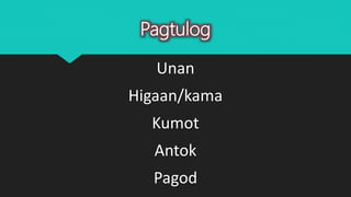 Pagtulog
Unan
Higaan/kama
Kumot
Antok
Pagod
 