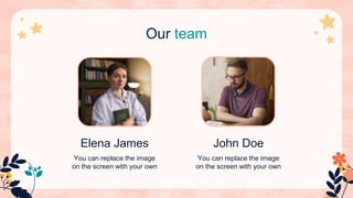 Our team
You can replace the image
on the screen with your own
You can replace the image
on the screen with your own
Elena James John Doe
 