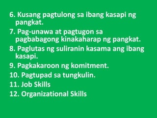 6. Kusang pagtulong sa ibang kasapi ng
pangkat.
7. Pag-unawa at pagtugon sa
pagbabagong kinakaharap ng pangkat.
8. Paglutas ng suliranin kasama ang ibang
kasapi.
9. Pagkakaroon ng komitment.
10. Pagtupad sa tungkulin.
11. Job Skills
12. Organizational Skills
 