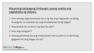 Maraming kailangang timbangin upang makita ang
pagkakaiba ng dalawa:
1. Ano-anong mga karanasan ko o ng iba ang nagsasabi sa aking
huwag ko na subukan pa ang kinakaharap kong bagay?
2. Nasubukan ko na ba (o ng iba) ito dati?
3. Ano ang nangyari?
4. Anong pahamak ba ang maidudulot nito sa akin o sa iba kung
gagawin ko ang bagay na ito?
 