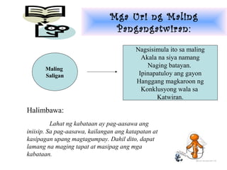 Mga Uri ng Maling
                                Pangangatwiran:
                                         Nagsisimula ito sa maling
                                           Akala na siya namang
       Maling
                                             Naging batayan.
       Saligan                            Ipinapatuloy ang gayon
                                         Hanggang magkaroon ng
                                           Konklusyong wala sa
                                                Katwiran.

Halimbawa:
          Lahat ng kabataan ay pag-aasawa ang
iniisip. Sa pag-aasawa, kailangan ang katapatan at
kasipagan upang magtagumpay. Dahil dito, dapat
lamang na maging tapat at masipag ang mga
kabataan.
 