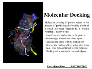 Molecular docking of protein refers to the
process of predicting the binding mode of
a small molecule (ligand) to a protein
receptor. This involves:
• Identifying the binding site on the protein
• Generating a 3D structure of the ligand
• Aligning the ligand with the binding site
• Scoring the binding affinity using algorithms
(e.g., force field, empirical scoring functions)
• Ranking and selecting the best docked pose
Molecular Docking
Umer Jibran Raza BSBTM-2020-21
 