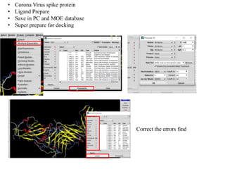 • Corona Virus spike protein
• Ligand Prepare
• Save in PC and MOE database
• Super prepare for docking
Correct the errors find
 