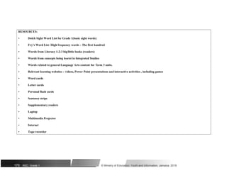 RESOURCES:
• Dolch Sight Word List for Grade 1(basic sight words)
• Fry’s Word List- High frequency words – The first hundred
• Words from Literacy 1-2-3 big/little books (readers)
• Words from concepts being learnt in Integrated Studies
• Words related to general Language Arts content for Term 3 units.
• Relevant learning websites – videos, Power Point presentations and interactive activities , including games
• Word cards
• Letter cards
• Personal flash cards
• Sentence strips
• Supplementary readers
• Laptop
• Multimedia Projector
• Internet
• Tape recorder
170 NSC: Grade 1 © Ministry of Education, Youth and Information, Jamaica. 2018
 