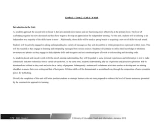 Grades 1 – Term 2 – Unit 1 – 6 week
Introduction to the Unit:
As students approach the second term in Grade 1, they are deemed more mature and are functioning more effectively at the primary level. The level of
scaffolding required has now decreased and they have begun to develop an appreciation for independent learning. For this unit, students will be utilising in an
independent way majority of the skills learnt in term 1. Additionally, those skills will be used as spring boards to acquiring a new set of skills for each strand.
Students will be actively engaged in asking and responding to a variety of messages as they seek to confirm or refute perspectives expressed by their peers. This
will be executed as they engage in listening and interpreting messages from various sources. Students will continue to utilise their knowledge of phonemic
awareness and phonics as they engage in daily alphabet drills and recognise and use constituent parts of words to aid encoding and decoding tasks.
As students decode and encode words with the aim of gaining understanding, they will be guided in using personal experiences and information in text to make
connections and draw inferences from a variety of text forms. At the same time, students understanding and use of personal and possessive pronouns will be
developed and utilised as they read and write for a variety of purposes. Subsequently, students will collaborate with their teacher to develop and use editing
checklists to assess their own writing and that of their peers. All these skills will be demonstrated in a combined way through the composition of more complete
pieces for publishing.
Overall, the completion of this unit will better position students as strategic learners who are more prepared to embrace the level of learner autonomy promoted
by the constructivist approach to learning.
172 NSC: Grade 1 © Ministry of Education, Youth and Information, Jamaica. 2018
 