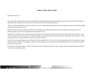 Grades 1 – Term 2 – Unit 2 – 6 weeks
Introduction to the Unit:
This unit provides an opportunity for students to strengthen their listening and speaking skills by developing a growing awareness of purpose and audience.
Additionally, they will begin to pay keen attention to the protocols for effective listening and speaking.
The focus on phonic and phonemic awareness continues with a view to help students decode unfamiliar words. Additionally, fluency and vocabulary building
strategies feature centrally in this unit.
Students will begin working on interpreting information at the higher levels through the introduction of charts and diagrams. Drawing inferences and
predicting outcomes are two of the comprehension skills targeted in this unit.
Students will be introduced to non- fictional materials and specific focus will be placed on differentiating between fiction and non-fiction materials. As part
of their training in deriving meaning from texts, students will begin to examine basic features associated with prose. Additionally, they will continue to make
connections with the experiences portrayed in their texts and those of their own.
As part of their writing and language usage development in this unit, specific focus will be given to the rules of pluralisation and verb manipulation in simple
sentence structures. Students are encouraged to continue using the writing process to provide structure and organization to their work and to help build their
confidence as young writers.
In summary, the unit seeks to utilise a number of instructional activities and learning materials in order to support students’ Language learning, develop their
creativity and critical thinking skills.
192 NSC: Grade 1 © Ministry of Education, Youth and Information, Jamaica. 2018
 