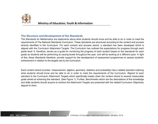 Ministry of Education, Youth & Information
The Structure and Development of the Standards
The Standards for Mathematics are statements about what students should know and be able to do in order to meet the
requirements of The National Standards Curriculum. These standards are structured according to the content and process
strands identified in the Curriculum. For each content and process strand, a standard has been developed which is
aligned with the Curriculum Attainment Targets. The Curriculum has outlined the expectations for progress through each
grade level. It, therefore, serves as a guide for monitoring the progress of each student based on the standards for each
grade as students will be performing at varying levels throughout the year, and will be working at a different pace. In light
of this, these Standards therefore, provide support for the development of assessment programmes to assess students’
achievement in relation to the targets set by the Curriculum.
Each content strand (number, measurement, algebra, geometry, statistics and probability) has a related standard outlining
what students should know and be able to do in order to meet the requirements of the Curriculum. Aligned to each
standard is the Curriculum Attainment Targets which specifically breaks down the content strand to several measurable
goals aimed at achieving the standard. (See Figure 1). Further, Benchmarks which are the descriptions of the knowledge
and skills students should acquire to achieve the Attainment Targets are presented with the related Curriculum Objectives
aligned to them.
245 NSC: Grade 1 © Ministry of Education, Youth and Information, Jamaica. 2018
 