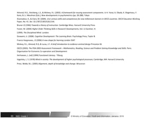 Almond, R.G., Steinberg, L.S., & Mislevy, R.J. (2003). A framework for reusing assessment components. In H. Yanai, A. Okada, K. Shigemasu, Y.
Kano, & J.J. Meulman (Eds.), New developments in psychometrics (pp. 28-288). Tokyo
Ananiadoui, K., & Claro, M. (2009). 21st century skills and competences for new millennium learners in OECD countries. OECD Education Working
Paper, No. 41. doi: 10.1787/218525261154)
Bruner JS (1966) Towards a theory of instruction. Cambridge Mass. Harvard University Press
Foster, M. (2004) Higher Order Thinking Skills in Research Developments, Vol. 11 Gardner, H.
(1999). The Disciplined Mind. London:
Goswami, U. (2008). Cognitive Development: The Learning Brain. Psychology Press, Taylor &
Francis Hargreaves, .D (2006) A new shape for learning London SSAT
Mislevy, R.J., Almond, R.G, & Lucas, J.F. A brief introduction to evidence-centred design Princeton NJ
OECD (2003). The PISA 2003 Assessment Framework – Mathematics, Reading, Science and Problem Solving Knowledge and Skills. Paris:
Organisation for Economic Co-operation and Development
Verhoeven, L. (ed) (1994) Functional Literacy. Tilburg
Vygotsky, L. S. (1978) Mind in society: The development of higher psychological processes, Cambridge, MA: Harvard University
Press. Webb, N.L. (2005) Alignment, depth of knowledge and change. Wisconsin
30 NSC: Grade 1 © Ministry of Education, Youth and Information, Jamaica. 2018
 