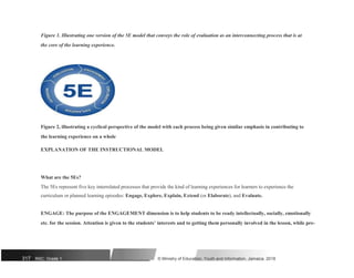 Figure 1. Illustrating one version of the 5E model that conveys the role of evaluation as an interconnecting process that is at
the core of the learning experience.
Figure 2, illustrating a cyclical perspective of the model with each process being given similar emphasis in contributing to
the learning experience on a whole
EXPLANATION OF THE INSTRUCTIONAL MODEL
What are the 5Es?
The 5Es represent five key interrelated processes that provide the kind of learning experiences for learners to experience the
curriculum or planned learning episodes: Engage, Explore, Explain, Extend (or Elaborate), and Evaluate.
ENGAGE: The purpose of the ENGAGEMENT dimension is to help students to be ready intellectually, socially, emotionally
etc. for the session. Attention is given to the students’ interests and to getting them personally involved in the lesson, while pre-
317 NSC: Grade 1 © Ministry of Education, Youth and Information, Jamaica. 2018
 