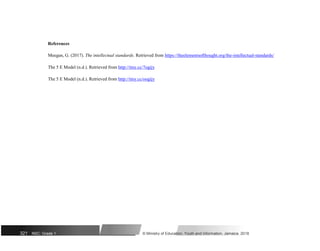 References
Meegan, G. (2017). The intellectual standards. Retrieved from https://theelementsofthought.org/the-intellectual-standards/
The 5 E Model (n.d.). Retrieved from http://tiny.cc/7ogijy
The 5 E Model (n.d.). Retrieved from http://tiny.cc/oogijy
321 NSC: Grade 1 © Ministry of Education, Youth and Information, Jamaica. 2018
 