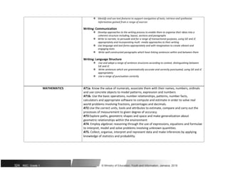  Identify and use text features to support navigation of texts, retrieve and synthesize
information gained from a range of sources
Writing: Communication
 Develop approaches to the writing process to enable them to organise their ideas into a
coherent structure including, layout, sections and paragraphs
 Write to narrate, to persuade and for a range of transactional purposes, using SJE and JC
appropriately and incorporating multi -media approaches to their writing
 Use language and text forms appropriately and with imagination to create vibrant and
engaging texts
Write well-constructed paragraphs which have linking sentences within and between them
Writing: Language Structure
Use and adapt a range of sentence structures according to context, distinguishing between
SJE and JC
Write sentences which are grammatically accurate and correctly punctuated, using SJE and JC
appropriately
Use a range of punctuation correctly
MATHEMATICS AT1a. Know the value of numerals, associate them with their names, numbers, ordinals
and use concrete objects to model patterns, expression and numbers
AT1b. Use the basic operations, number relationships, patterns, number facts,
calculators and appropriate software to compute and estimate in order to solve real
world problems involving fractions, percentages and decimals.
AT2.Use the correct units, tools and attributes to estimate, compare and carry out the
processes of measurement to given degree of accuracy.
AT3 Explore paths, geometric shapes and space and make generalization about
geometric relationships within the environment
AT4. Employ algebraic reasoning through the use of expressions, equations and formulae
to interpret, model and solve problems involving unknown quantities
AT5. Collect, organise, interpret and represent data and make inferences by applying
knowledge of statistics and probability.
324 NSC: Grade 1 © Ministry of Education, Youth and Information, Jamaica. 2018
 