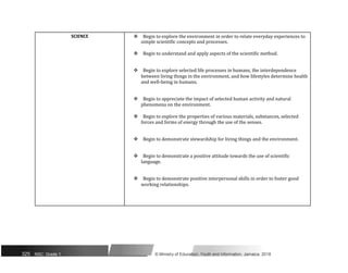 SCIENCE Begin to explore the environment in order to relate everyday experiences to
simple scientific concepts and processes.
Begin to understand and apply aspects of the scientific method.
Begin to explore selected life processes in humans, the interdependence
between living things in the environment, and how lifestyles determine health
and well-being in humans.
Begin to appreciate the impact of selected human activity and natural
phenomena on the environment.
Begin to explore the properties of various materials, substances, selected
forces and forms of energy through the use of the senses.
Begin to demonstrate stewardship for living things and the environment.
Begin to demonstrate a positive attitude towards the use of scientific
language.
Begin to demonstrate positive interpersonal skills in order to foster good
working relationships.
325 NSC: Grade 1 © Ministry of Education, Youth and Information, Jamaica. 2018
 