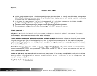 Appendix
ACTIVITIES ABOUT NAMES
 Provide name tags for children. Encourage young children to spell their name for you and print their name using a capital
letter of the first letter and lowercase letters for all the other letters. Say the name of each letter as you write it. Allow the
children to write their own names if they can.

 At the end of the Focus Question (Who Am I), provide materials for a craft related to names. Ask the children to stick or
glue their name tag on their craft project and make a display of all the projects.

 Encourage parents and guardians to tell children why they were given their particular names.

 Encourage parents and guardians to look up the meaning of their child’s name on the internet.
STORIES FOR AGES 3 - 7
A My Name is Alice by Jane Bayer The well-known jump rope ditty which is built on letters of the alphabet is illustrated with animals from
all over the world. Help children think of similar chants of their own names!
Catalina Magdalina Hoopensteiner Wallendiner Hogan Logan Bogan Was Her Name by Tedd Arnold Presents the words--and varying forms of
the name--of a classic camp song that dates at least from the 1940s. She had two holes on the bottom of her nose--one for her fingers, and
one for her toes! Though she has two arms that drag along the ground, two feet bigger than a bathroom mat, and just two teeth in her mouth,
life for Catalina is full and fun!
Chrysanthemum by Kevin Henkes (also available as a big book, as a DVD and in other formats.) Chrysanthemum thinks her name is absolutely
perfect, until her first day of school. "You're named after a flower!" teases Victoria. "Let's smell her," says Jo. Chrysanthemum wilts. What will
it take to make her blossom again?
Edmund for Short: A Tale from China Plate Farm by Chris Jackson When Edmund the pig discovers that the cows on China Plate Farm all have
grand names based on their body markings, he decides to mark himself so he can have a grand name of his own, but nobody notices, as a
new calf is being born on the farm.
Andy: That’s My Name by Tomie DePaola
332 NSC: Grade 1 © Ministry of Education, Youth and Information, Jamaica. 2018
 
