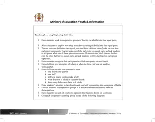 Ministry of Education, Youth & Information
Teaching/Learning/Exploring Activities:
ï Have students work in cooperative groups of four to cut a bulla into four equal parts.
ï Allow students to explain how they went above cutting the bulla into four equal parts.
ï Teacher cuts one bulla into two equal parts and have children identify the fraction that
each piece represents. Teacher cuts one of the halves in two equal parts and ask students
to tell/guess what one of those pieces represents. If students can’t tell, teacher further
cuts the other half in two equal parts and ask students to tell what fraction each piece
represents.
ï Have students recognize that each piece is called one quarter or one fourth.
ï Have children give examples of where or when do they ever hear or used the
word quarter.
ï Have children use the four quarters to show
 one fourth/one quarter

 one half

 tell how many fourths make a half

 what fraction of a half is a quarter/fourth

 how many halves are there in 1 whole

ï Draw students’ attention to two fourths and one half representing the same piece of bulla.
ï Provide students in cooperative groups of 5 with Geoboards and elastic bands to
show quarters.
ï Have students use cut out circles to represent the fractions drawn on Geoboard.
ï Give each cooperative learning group a copy of the following diagram:
342 NSC: Grade 1 © Ministry of Education, Youth and Information, Jamaica. 2018
 