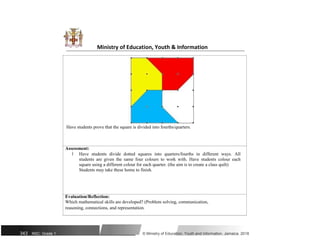 Ministry of Education, Youth & Information
Have students prove that the square is divided into fourths/quarters.
Assessment:
ï Have students divide dotted squares into quarters/fourths in different ways. All
students are given the same four colours to work with. Have students colour each
square using a different colour for each quarter. (the aim is to create a class quilt)
Students may take these home to finish.
Evaluation/Reflection:
Which mathematical skills are developed? (Problem solving, communication,
reasoning, connections, and representation.
343 NSC: Grade 1 © Ministry of Education, Youth and Information, Jamaica. 2018
 