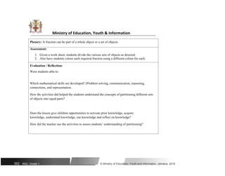 Ministry of Education, Youth & Information
Plenary: A fraction can be part of a whole object or a set of objects.
Assessment:
1. Given a work sheet, students divide the various sets of objects as directed.
2. Also have students colour each required fraction using a different colour for each.
Evaluation / Reflection:
Were students able to:
Which mathematical skills are developed? (Problem solving, communication, reasoning,
connections, and representation.
How the activities did helped the students understand the concepts of partitioning different sets
of objects into equal parts?
Does the lesson give children opportunities to activate prior knowledge, acquire
knowledge, understand knowledge, use knowledge and reflect on knowledge?
How did the teacher use the activities to assess students’ understanding of partitioning?
352 NSC: Grade 1 © Ministry of Education, Youth and Information, Jamaica. 2018
 