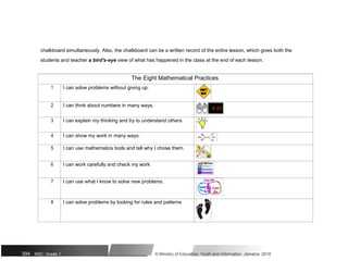 chalkboard simultaneously. Also, the chalkboard can be a written record of the entire lesson, which gives both the
students and teacher a bird's-eye view of what has happened in the class at the end of each lesson.
The Eight Mathematical Practices
1 I can solve problems without giving up.
2 I can think about numbers in many ways.
3 I can explain my thinking and try to understand others.
4 I can show my work in many ways.
5 I can use mathematics tools and tell why I chose them.
6 I can work carefully and check my work
7 I can use what I know to solve new problems.
8 I can solve problems by looking for rules and patterns
394 NSC: Grade 1 © Ministry of Education, Youth and Information, Jamaica. 2018
 