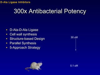 300x Antibacterial Potency300x Antibacterial Potency
• D-Ala-D-Ala LigaseD-Ala-D-Ala Ligase
• Cell wall synthesisCell wall synthesis
• Structure-based DesignStructure-based Design
• Parallel SynthesisParallel Synthesis
• 5-Approach Strategy5-Approach Strategy
30 uM
0.1 uM
D-Ala Ligase Inhibitors
 