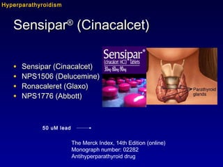 SensiparSensipar®®
(Cinacalcet)(Cinacalcet)
• Sensipar (Cinacalcet)Sensipar (Cinacalcet)
• NPS1506 (Delucemine)NPS1506 (Delucemine)
• Ronacaleret (Glaxo)Ronacaleret (Glaxo)
• NPS1776 (Abbott)NPS1776 (Abbott)
50 uM lead
The Merck Index, 14th Edition (online)
Monograph number: 02282
Antihyperparathyroid drug
Hyperparathyroidism
 