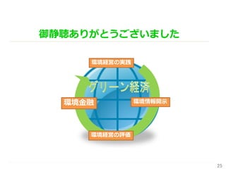 御静聴ありがとうございました
25
環境情報開示
環境経営の実践
環境経営の評価
環境金融
 