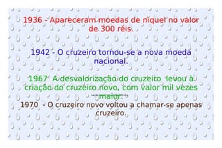 1936 - Apareceram moedas de níquel no valor de 300 réis. 1as de níquel no valor de 300 réis. 1942 - O cruzeiro tornou-se a nova moeda nacional. 1967  A desvalorização do cruzeiro  levou à criação do cruzeiro novo, com valor mil vezes maior. 1970  - O cruzeiro novo voltou a chamar-se apenas cruzeiro. 