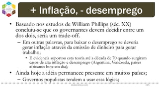 • Baseado nos estudos de William Phillips (séc. XX)
concluiu-se que os governantes devem decidir entre um
dos dois, seria um trade-off.
– Em outras palavras, para baixar o desemprego se deveria
gerar inflação através da emissão de dinheiro para gerar
trabalho;
• E evidencia suportou esta teoria até a década de 70 quando surgiram
casos de alta inflação e desemprego (Argentina, Venezuela, países
africanos hoje em dia);
• Ainda hoje a idéia permanece presente em muitos países;
– Governos populistas tendem a usar essa lógica;
dodandrea.com 115
+ Inflação, - desemprego
 