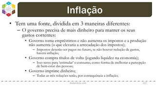• Tem uma fonte, dividida em 3 maneiras diferentes:
– O governo precisa de mais dinheiro para manter os seus
gastos correntes:
• Governo toma empréstimos e não aumenta os impostos e a produção
não aumenta (o que elevaria a arrecadação dos impostos);
– Impostos deverão ser pagos no futuro, se não houver redução de gastos,
haverá inflação;
• Governo compra títulos de volta (jogando liquidez na economia);
– Isso serve para ‘estimular’ o consumo, como forma de melhorar a percepção
de bem-estar das pessoas;
• Governo imprime dinheiro;
– Todas as três soluções terão, por consequência a inflação;
dodandrea.com 122
Inflação
 