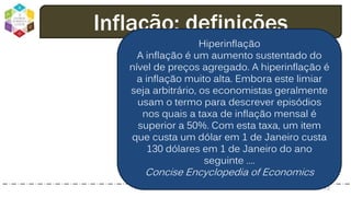 dodandrea.com 72
Inflação: definições
Hiperinflação
A inflação é um aumento sustentado do
nível de preços agregado. A hiperinflação é
a inflação muito alta. Embora este limiar
seja arbitrário, os economistas geralmente
usam o termo para descrever episódios
nos quais a taxa de inflação mensal é
superior a 50%. Com esta taxa, um item
que custa um dólar em 1 de Janeiro custa
130 dólares em 1 de Janeiro do ano
seguinte ....
Concise Encyclopedia of Economics
 