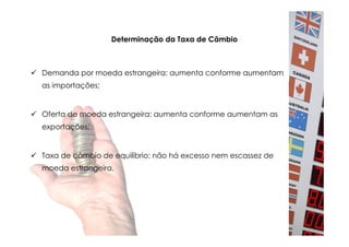 Determinação da Taxa de Câmbio



Demanda por moeda estrangeira: aumenta conforme aumentam
as importações;


Oferta de moeda estrangeira: aumenta conforme aumentam as
exportações;


Taxa de câmbio de equilíbrio: não há excesso nem escassez de
moeda estrangeira.
 