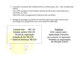 • Funções: Compras de matéria prima, construções, etc... (Ex: compra de
  milho)
  18/11/09: recebe a mercadoria (pode ser de quem está fazendo o
  contrato ou não)
  18/01/09: será o pagamento (término do contrato)

• Hedging: protege as partes envolvidas para que haja menos risco
  (consegue se programar com uma quantia definida)



  Cotação hoje:     R$ 1,50                      Problema
  Cotação Janeiro: R$ 2,00                   EUA: usavam para
     No dia da negociação:                 especulação financeira
  Cotação do dia: R$ 2,50                (sem produtos na negociação)
  Saldo de diferença: R$ 0,50              Proibidas as negociações
                                             de mercado a termo
 