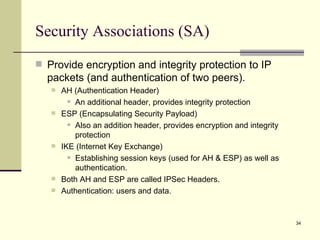 Security Associations (SA) Provide encryption and integrity protection to IP packets (and authentication of two peers). AH (Authentication Header) An additional header, provides integrity protection ESP (Encapsulating Security Payload) Also an addition header, provides encryption and integrity protection IKE (Internet Key Exchange) Establishing session keys (used for AH & ESP) as well as authentication. Both AH and ESP are called IPSec Headers. Authentication: users and data. 