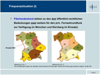 Frequenzsituation (I)



       Flächendeckend stehen zu den drei öffentlich-rechtlichen
          Bedeckungen zwei weitere für den priv. Fernsehrundfunk
          zur Verfügung (in München und Nürnberg im Einsatz):




Ersetzt K66




           Bedeckung: Priv_1                                           Bedeckung: Priv_2
           Die Darstellungen zeigen den aktuellen Zwischenstand der Planungen: Hierbei sind Änderungen jederzeit möglich. Quelle: BR



                                                                                                                                   Seite 3
 