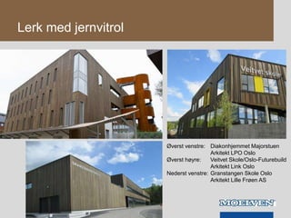 Lerk med jernvitrol
Øverst venstre: Diakonhjemmet Majorstuen
Arkitekt LPO Oslo
Øverst høyre: Veitvet Skole/Oslo-Futurebuild
Arkitekt Link Oslo
Nederst venstre: Granstangen Skole Oslo
Arkitekt Lille Frøen AS
 