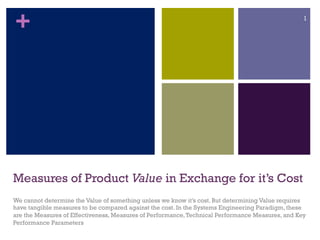 +
Measures of Product Value in Exchange for it’s Cost
We cannot determine the Value of something unless we know it’s cost. But determining Value requires
have tangible measures to be compared against the cost. In the Systems Engineering Paradigm, these
are the Measures of Effectiveness, Measures of Performance,Technical Performance Measures, and Key
Performance Parameters
1
 