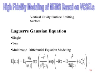 20
Laguerre Gaussian Equation
•Single
•Two
•Multimode Differential Equation Modeling
Vertical Cavity Surface Emitting
Surface
 