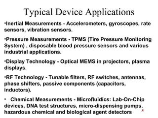 31
•Inertial Measurements - Accelerometers, gyroscopes, rate
sensors, vibration sensors.
•Pressure Measurements - TPMS (Tire Pressure Monitoring
System) , disposable blood pressure sensors and various
industrial applications.
•Display Technology - Optical MEMS in projectors, plasma
displays.
•RF Technology - Tunable filters, RF switches, antennas,
phase shifters, passive components (capacitors,
inductors).
• Chemical Measurements - Microfluidics: Lab-On-Chip
devices, DNA test structures, micro-dispensing pumps,
hazardous chemical and biological agent detectors
Typical Device Applications
 