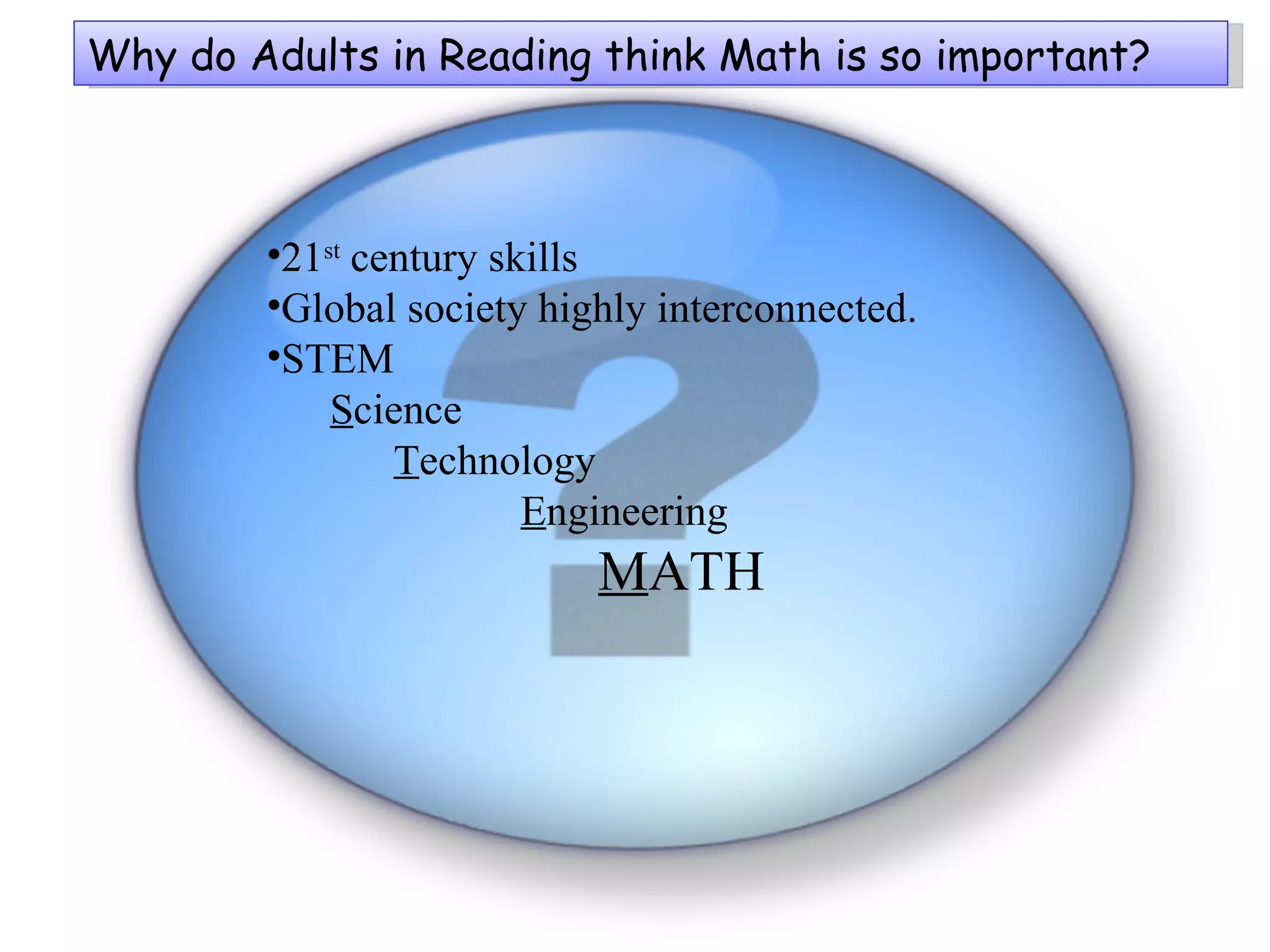 Why do Adults in Reading think Math is so important? 21 st  century skills Global society highly interconnected. STEM S cience T echnology E ngineering   M ATH 